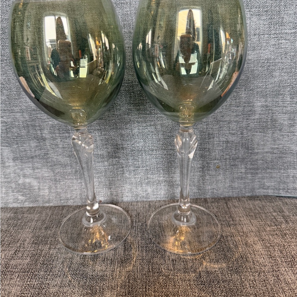 Set of Two iridescent Olive Green Bijioux Colony Crystal Wine Glasses